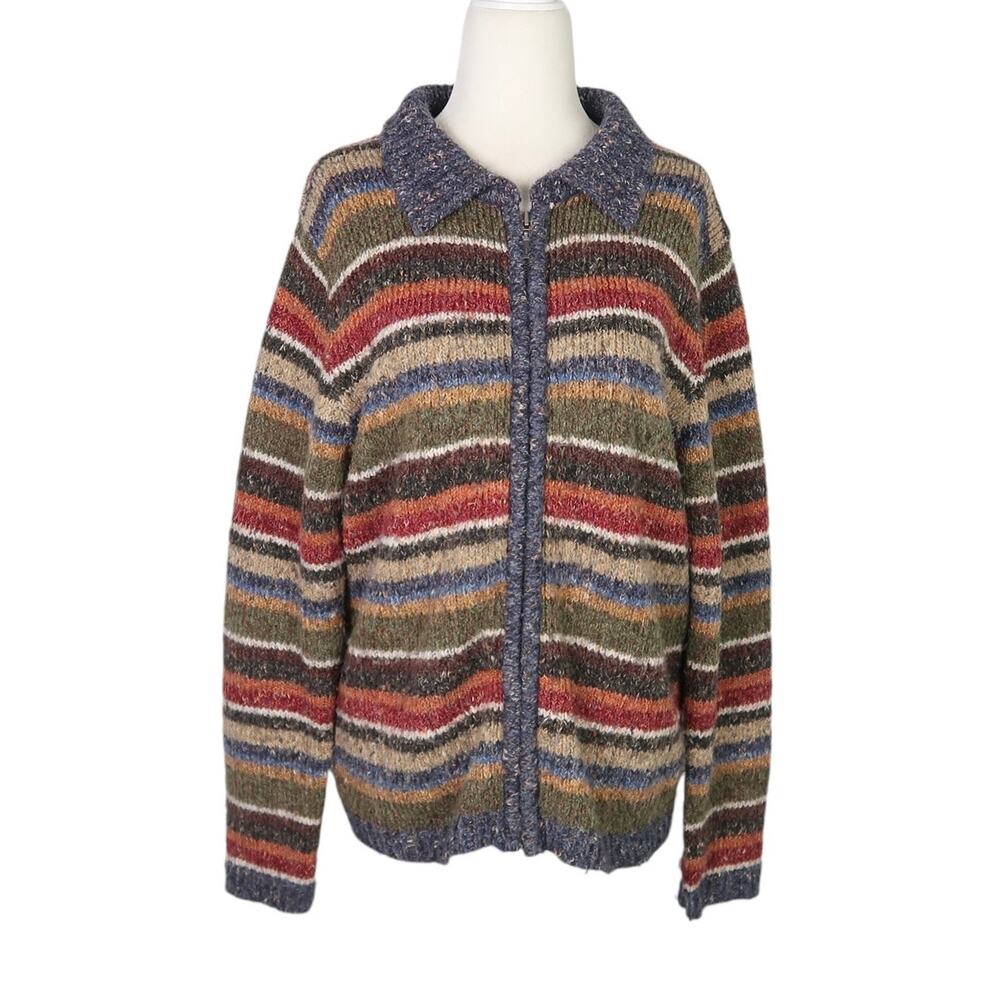 Vintage 90s Croft & Barrow navy blue multicolor striped zip cardigan sweater M - Picture 1 of 6
